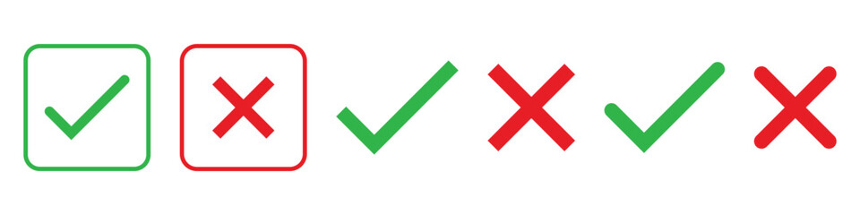 check mark icon button set. check box icon with right and wrong buttons and yes or no checkmark icons in green tick box and red cross. 