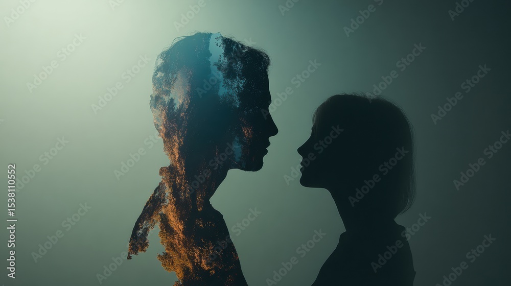 Poster Two Silhouettes Merging Into One Abstract Shape Creating a Visual Representation of Connection and Unity in a Serene Atmosphere