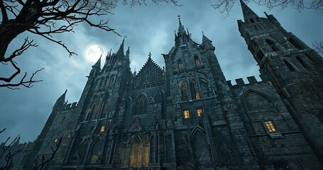 Dark Gothic Castle Under Moonlight with Eerie Atmosphere and Leafless Trees - Powered by Adobe