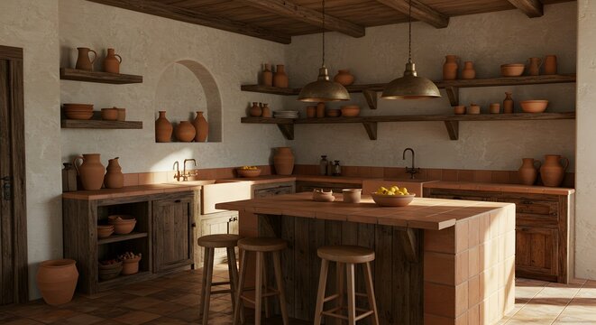 A rustic kitchen with open wooden shelves and a central island - Powered by Adobe