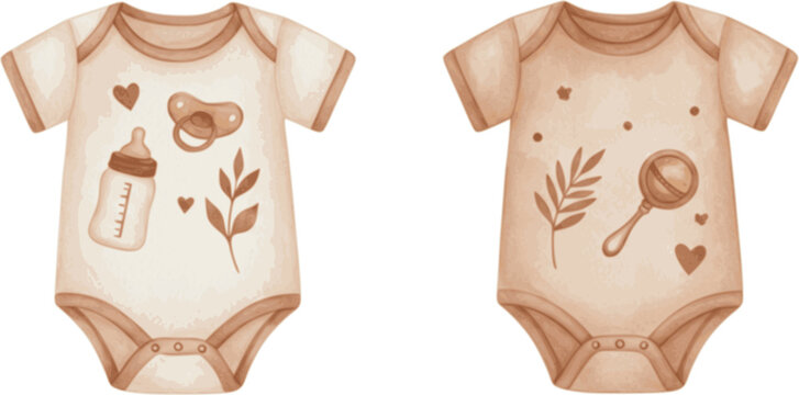 Watercolor illustration of baby bodysuit with pacifier, bottle, rattle, and leaves in soft patel neutral colors. drawing of childish onesie for baby shower invitations or newborn party greeting cards