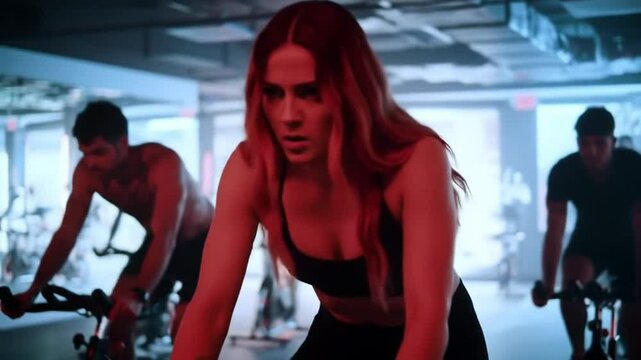 Intense Indoor Cycling Session with Determined Woman in Black Sportswear Under Red and Blue Lights