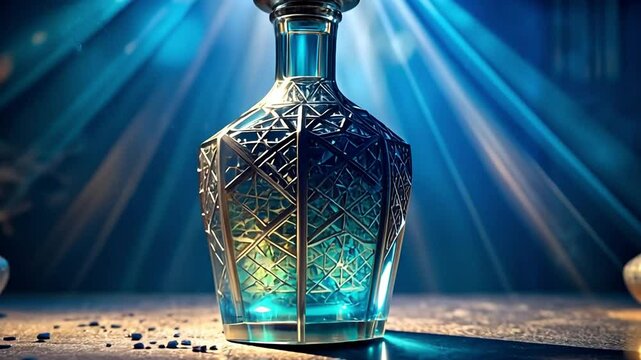 Decorative ornate glass perfume bottle in mystical blue light with magical fantasy elements, luxury fragrance concept