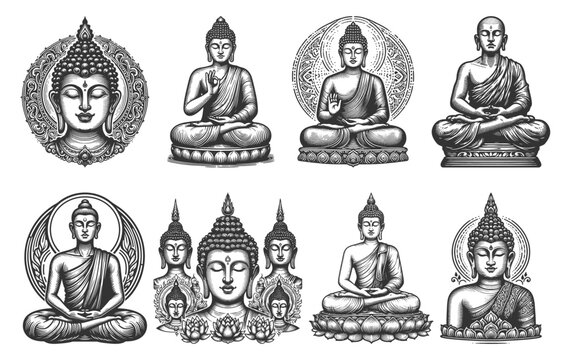 Buddha figures in various meditative and symbolic poses Set collection bundle sketch engraving generative ai vector illustration. Scratch board imitation. Black and white image.
