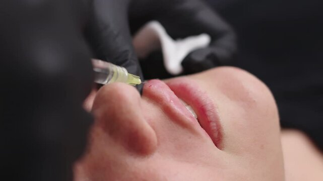  The cosmetologist slowly and carefully injects filler into the client&rsquo;s lips. Injection procedure for lip augmentation, close-up. Advertising concept for facial care, youth and beauty. 
