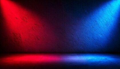 Abstract image featuring a studio dark room with dramatic lighting effects in red and blue, casting vibrant gradients on a textured concrete wall, creating a moody, artistic atmosphere ideal for desig