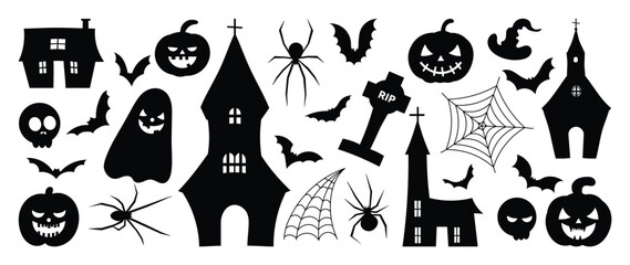 Naklejka premium Happy Halloween silhouette element vector set. Collection of ghost, spirit, castle, grave, pumpkin, spider, cobweb, skull, bat. Isolated icon holidays for festival, sticker, card, decorative.