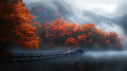 Autumn colors paint a peaceful scene with a wooden bridge stretching across a misty lake surrounded by vibrant fall foliage.