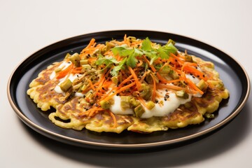 Delicious savory pancakes topped with yogurt, vegetables, and herbs in a stylish presentation