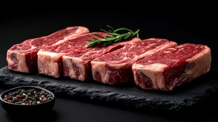 Fototapeta premium Delicious Fresh Raw Ribeye Steaks Cut Into Pieces for Grilling and Roasting on Black Slate Plate