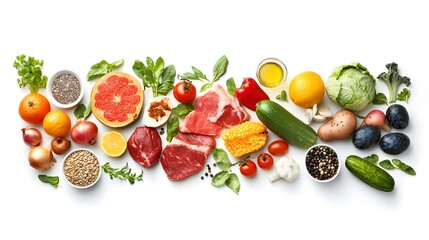 Overhead shot of fresh produce and meat arranged on a white surface, a colorful and healthy display