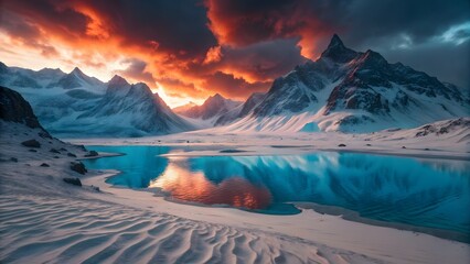 A scenic view of snow covered mountains reflecting in a turquoise lake under a dramatic skyscape