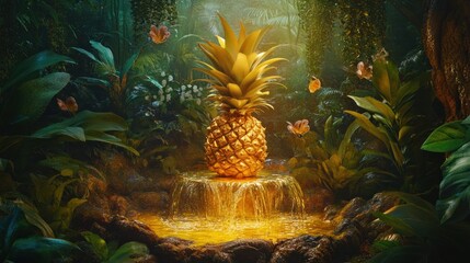 Golden Pineapple in a Lush Jungle Waterfall Setting