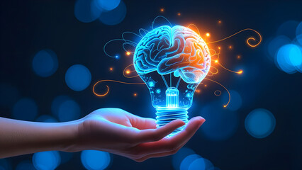 Human hand holding futuristic brain light bulb on dark background