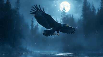 Fototapeta premium Majestic eagle soars through a moonlit forest.