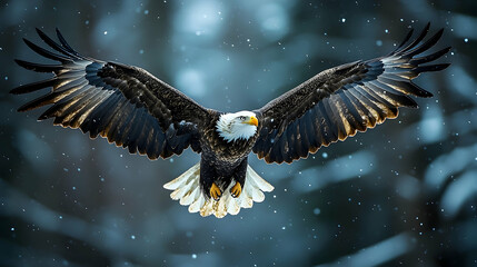 Fototapeta premium Majestic bald eagle soaring through a wintery landscape.