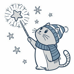 Playful Curious Cat design, styled with with a magic wand and Frosty Winter shades in a Cozy winter setting