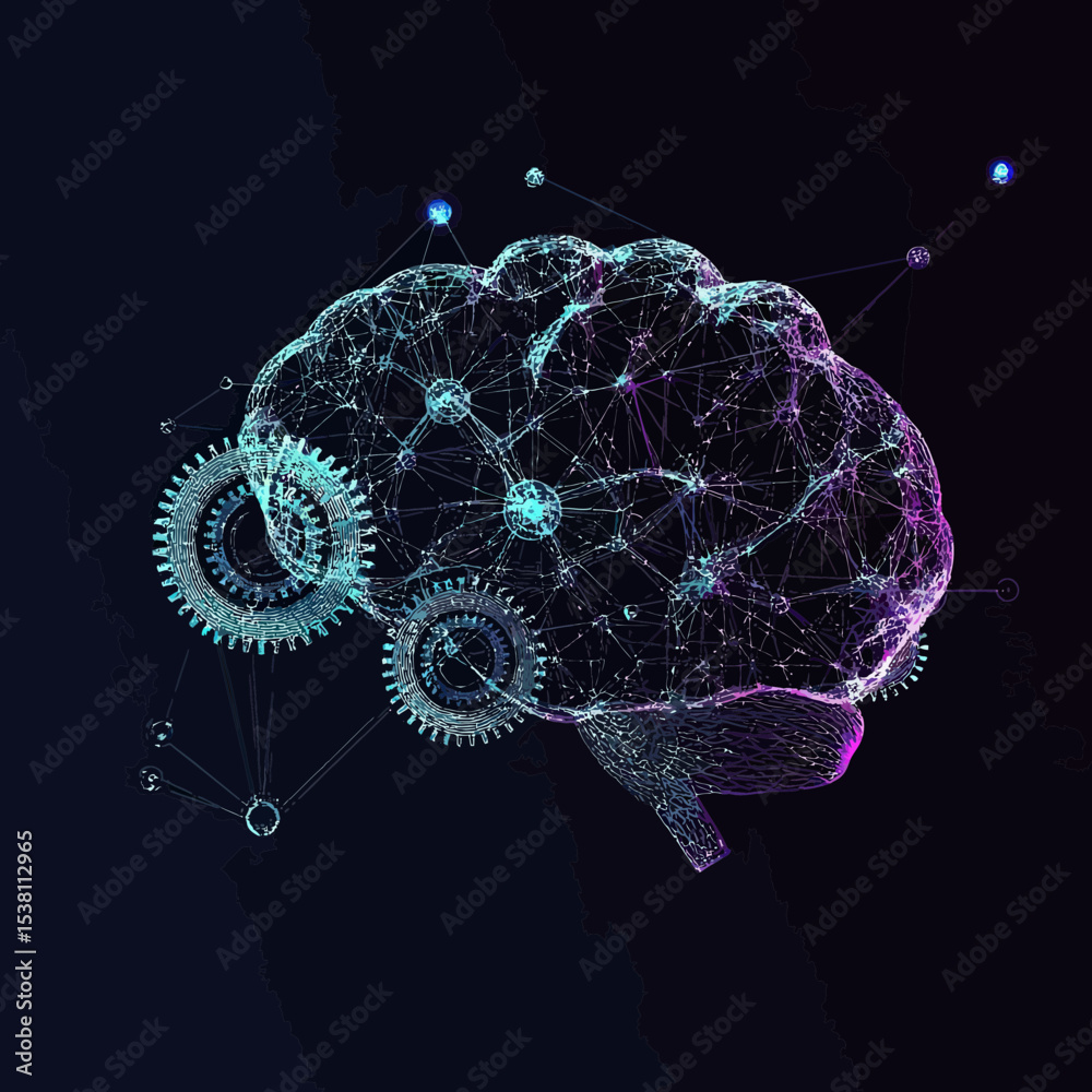 Poster 3d digital wireframe brain with interconnected network nodes and glowing gears symbolizing artificia