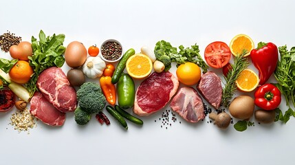 Overhead shot of assorted fresh produce and raw meat cuts arranged on a white surface in a studio setting