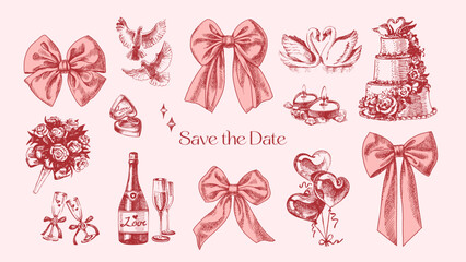 Hand drawn wedding set with bows, swans, rings, hearts, and champagne. Elegant mood. Wedding invitation, greeting card, bridal decor. Vintage sketch vector illustration. © pim