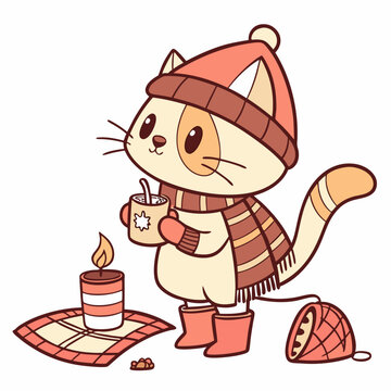 Naklejki Funny Cat with wearing rain boots, set in a charming Christmas theme – Warm Cozy color vector art