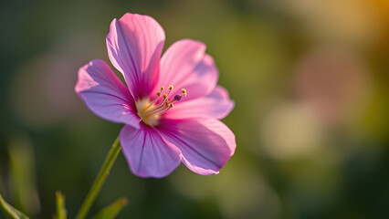 Fototapeta premium Pink Cosmos Flower Closeup: A delicate pink cosmos flower, bathed in soft sunlight, exhibits intricate details in this close-up shot. Its petals unfurl gently against a softly blurred background.