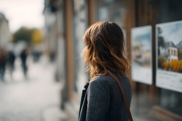 A woman with dark hair stands in front of a window, looking at real estate posters, with a city scene reflected in the glass