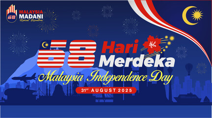 68th Anniversary of Malaysia Independence Day 2025 Vector Illustration. Design with 68 logo and iconic landmarks background. Malaysia Hari Merdeka "Independence Day" 2025 background, banner, template.