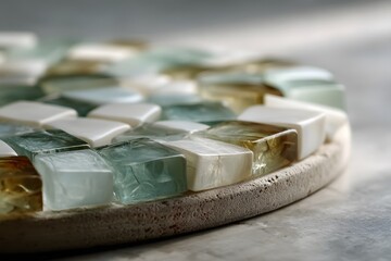 A close-up of an artistic glass mosaic with translucent and broken tiles, featuring a Wabi Sabi gold pattern and capturing the interplay of light and shadow