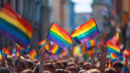 Crowd celebrates diversity at vibrant gay pride event with rainbow flags waving enthusiastically in the air
