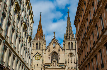 Fototapeta premium Lyon, France, Europe: the city skyline with view of the Church of Saint-Nizier (Eglise Saint-Nizier) with its neo Gothic spire and classical Renaissance facade