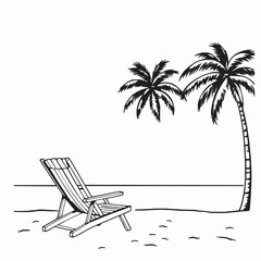 Tropical beach scene with palm trees and deck chair line art illustration