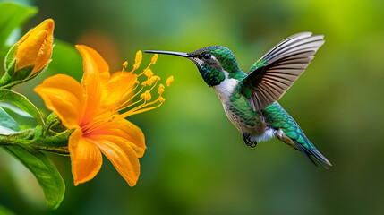 Naklejka premium A hummingbird in flight, hovering near a vibrant orange flower.