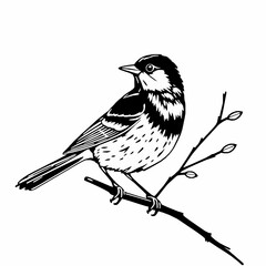 Monochrome bird illustration perched on a twig detailed black and white vector artwork