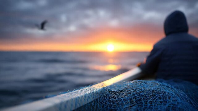 Serene Fisher's Sunset: A lone figure in a boat, silhouetted against a vibrant sunset, casts a fishing net onto a tranquil sea, with a seagull gracefully flying nearby.