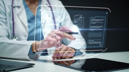 Doctor Using Stylus on Futuristic Holographic Interface, Digital Healthcare, Advanced Medical Technology, AI Diagnosis Patient Records - Powered by Adobe