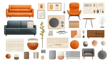 A collection of furniture including sofas, armchairs, tables, and decorative items on white background