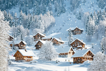 Fototapeta premium Small wooden houses covered in snow in a forest during winter season.