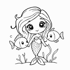 Cute mermaid with big eyes and fish coloring page for kids and relaxation