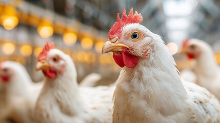 Proud white chickens thrive in a modern poultry house showcasing rural agriculture and sustainable food production