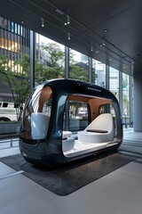 Futuristic autonomous pod vehicle in urban setting for modern transportation