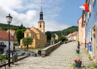 Srebrna Gora, Poland. A cobbled street leading near the church.