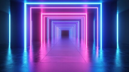 Neon lights illuminate a corridor.