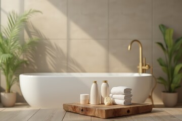 Wooden podium for bath and spa products in the bathroom