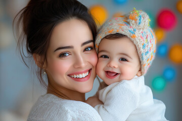 Mother holding baby and smiling joyfully