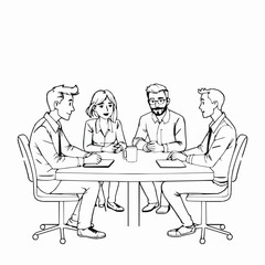 Outline illustration of business meeting with diverse team around table discussing strategy