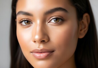 Obraz premium Close-Up of Woman's Face With Glowing Skin, Showcasing Beauty and Skincare Routine for Wellness and Self-Care Campaigns