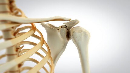 Photorealistic 3D anatomical rendering of the human shoulder joint and scapula with realistic bone contours on a clean white gradient background for medical and educational use