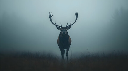 Naklejka premium Majestic stag in a misty landscape.