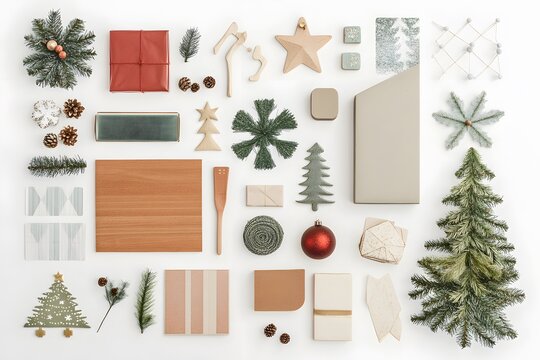 Overhead shot of christmas themed objects including trees gifts and ornaments on a white background